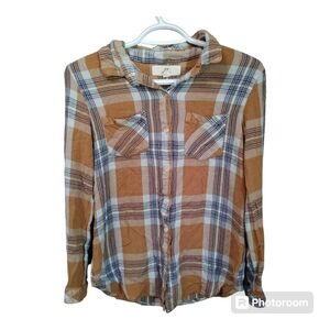 THREAD + SUPPLY Brown 100% Rayon Button Down Plaid Long Sleeve Shirt Size Medium